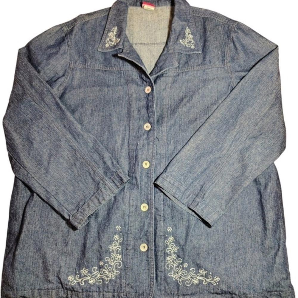 Tudor Court Womens XL Denim Jacket Floral Embroidered Cotton‎ coastal grandma